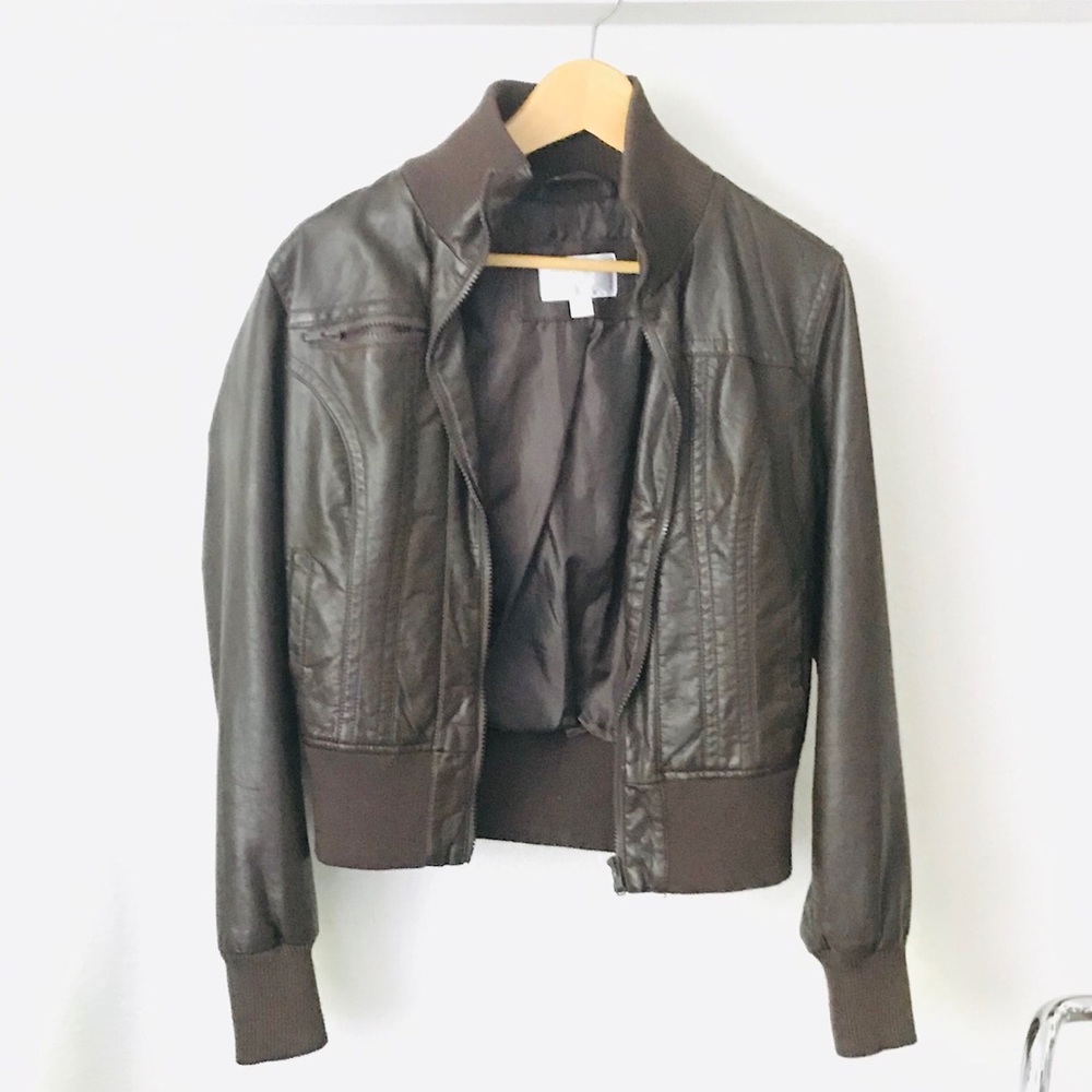 Brown Faux Leather Zip-up Bomber Jacket